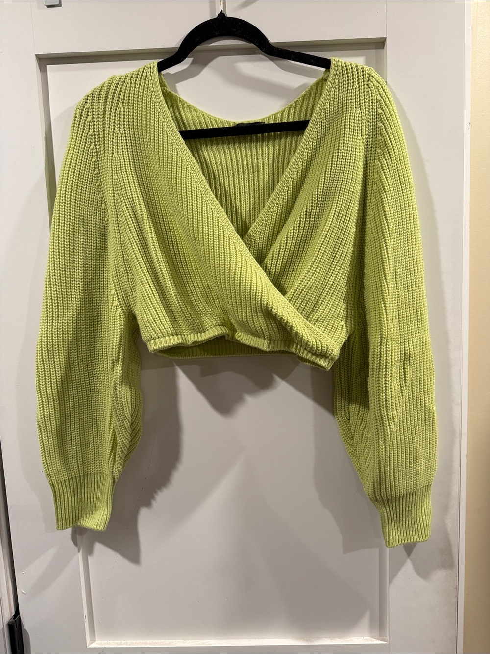 Cropped V-Neck Wrap Knit Sweater in Lime Green